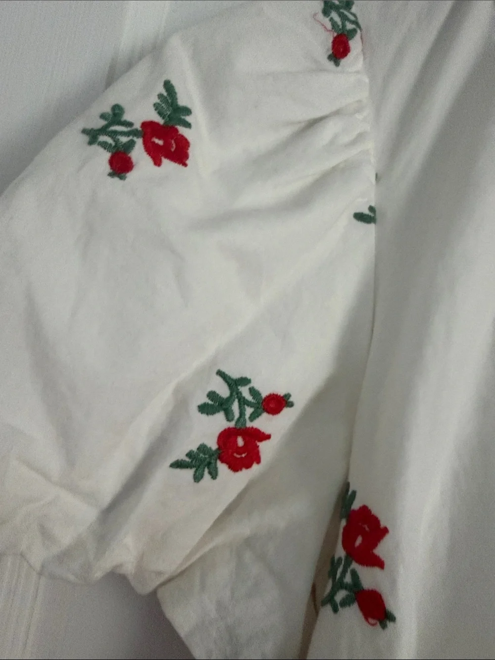 Anthropologie White Button-Front Peplum Top with Red Floral Embroidery